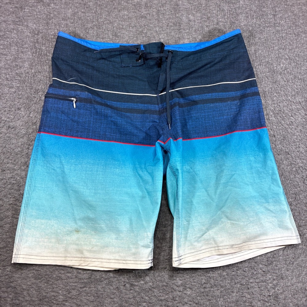 Burnside Board Shorts Mens 34 Blue Ombre Striped Zipper Pocket‎ Distressed Y2K